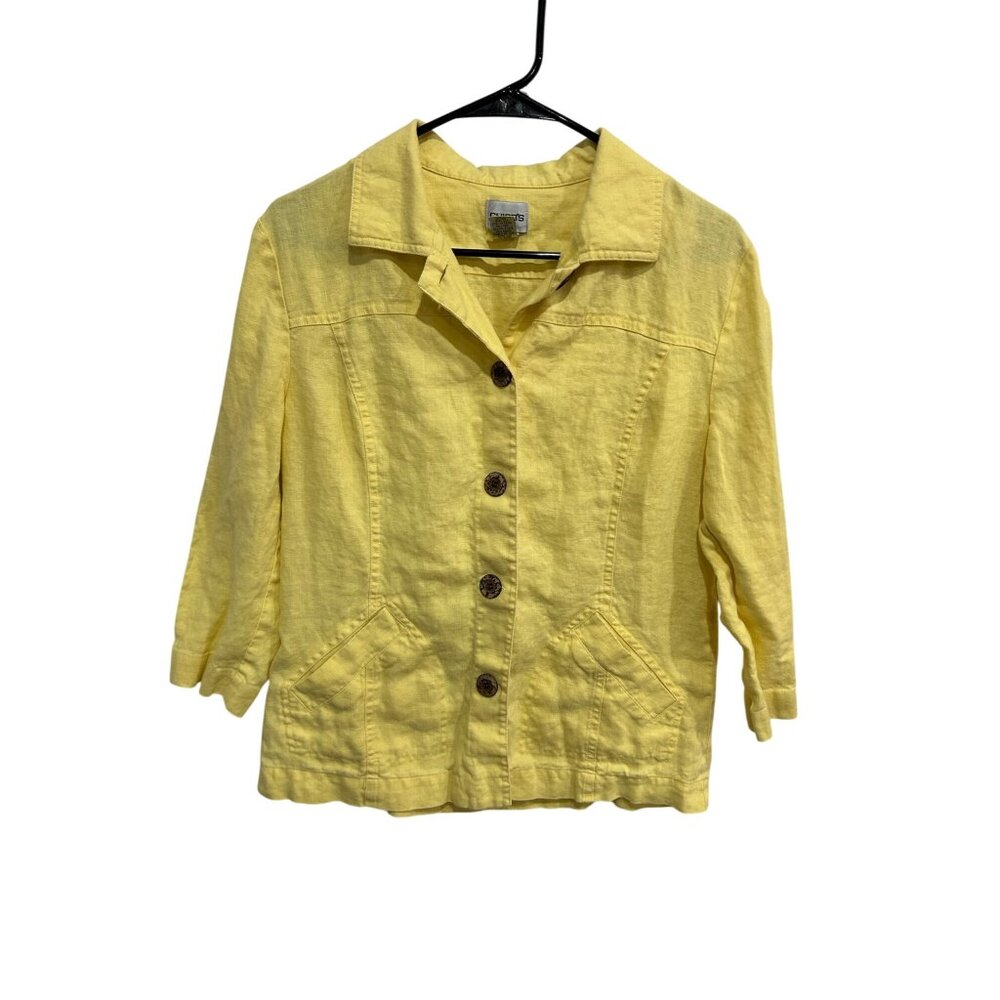 Chicos Yellow Linen 3/4 Sleeves Button-Front Casual Jacket Medium Travel